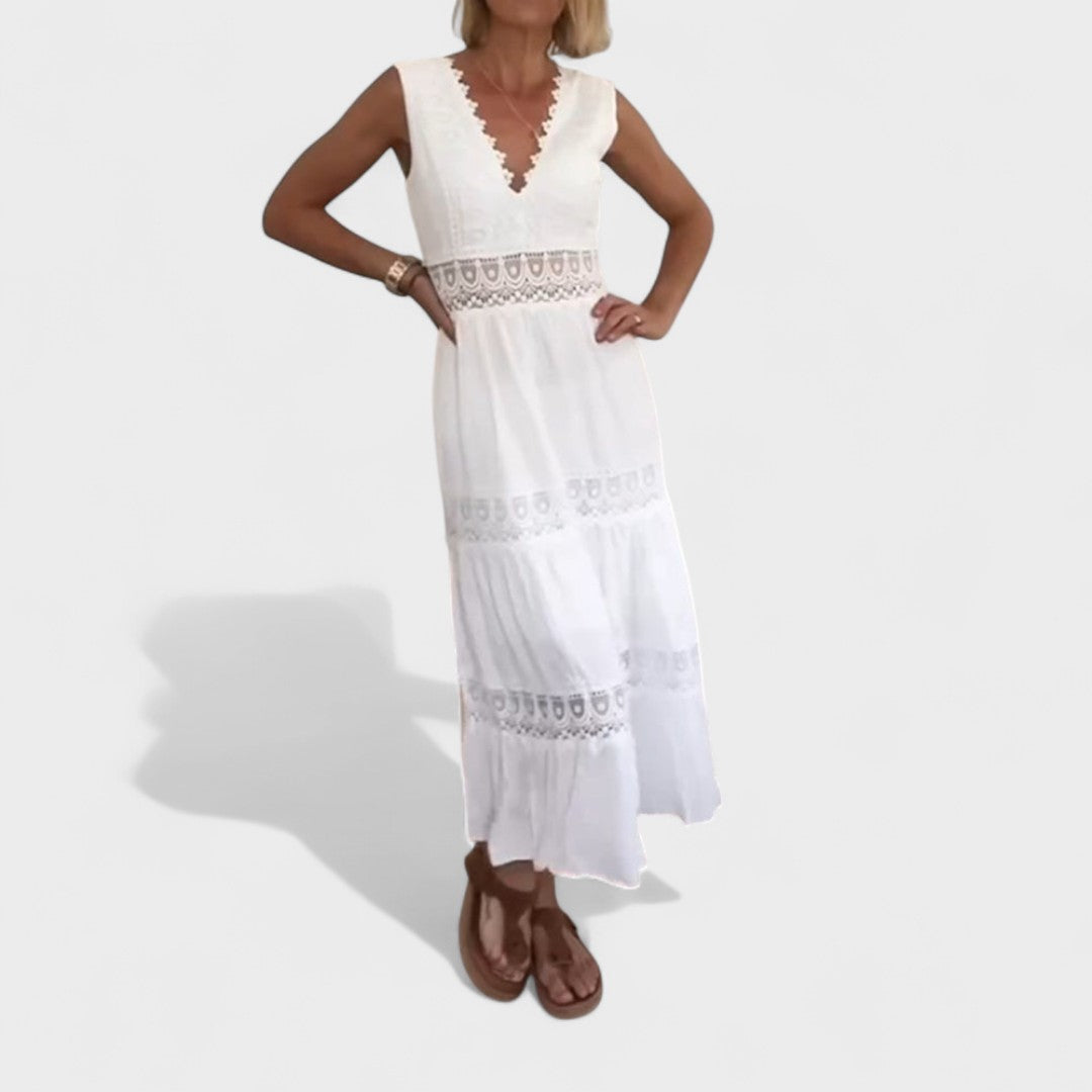 Elena - Elegantna Čipkasta Haljina s V-Izrezom