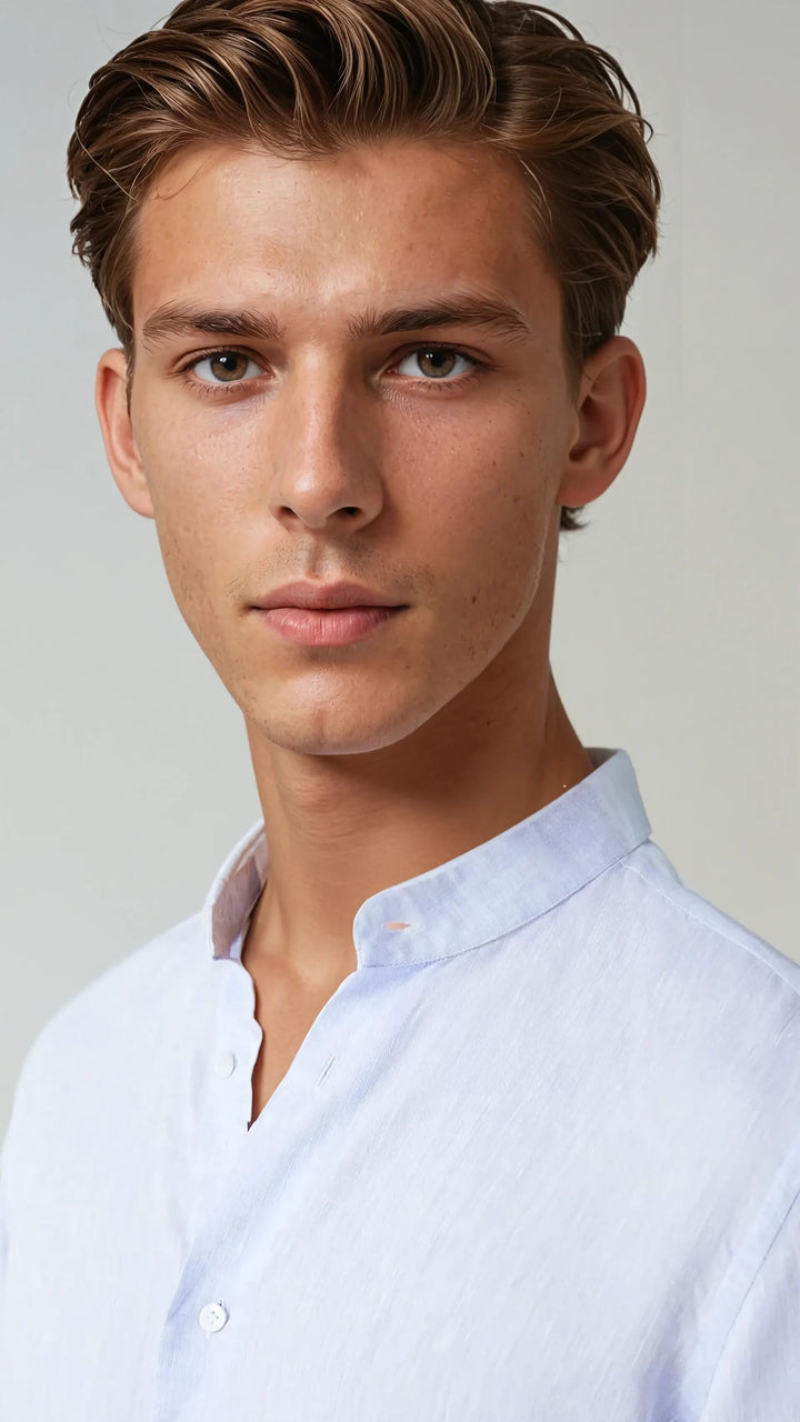 Lanena košulja s ovratnikom u traku svijetloplave boje