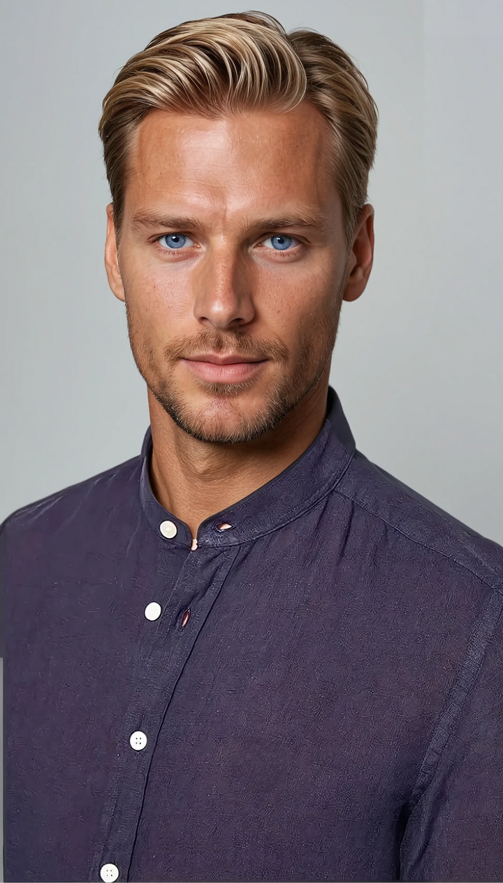 Lanena košulja s bandovskim ovratnikom mornarsko plava