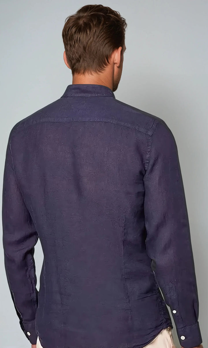 Lanena košulja s bandovskim ovratnikom mornarsko plava