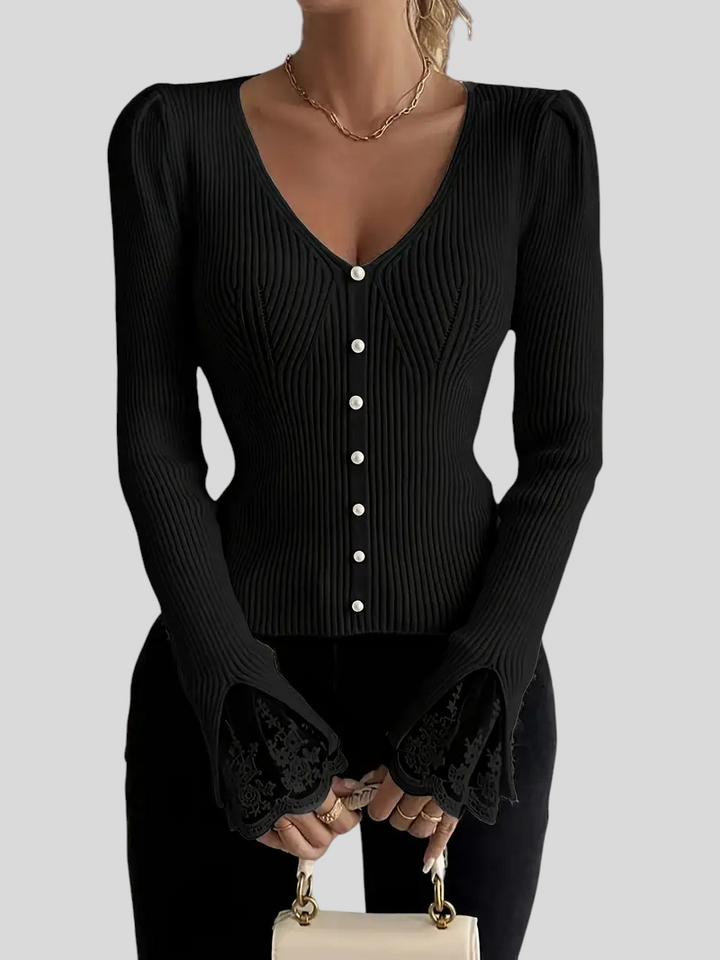 Zoja - Rebrasta Majica S V-Izrezom I Čipkastim Rukavima