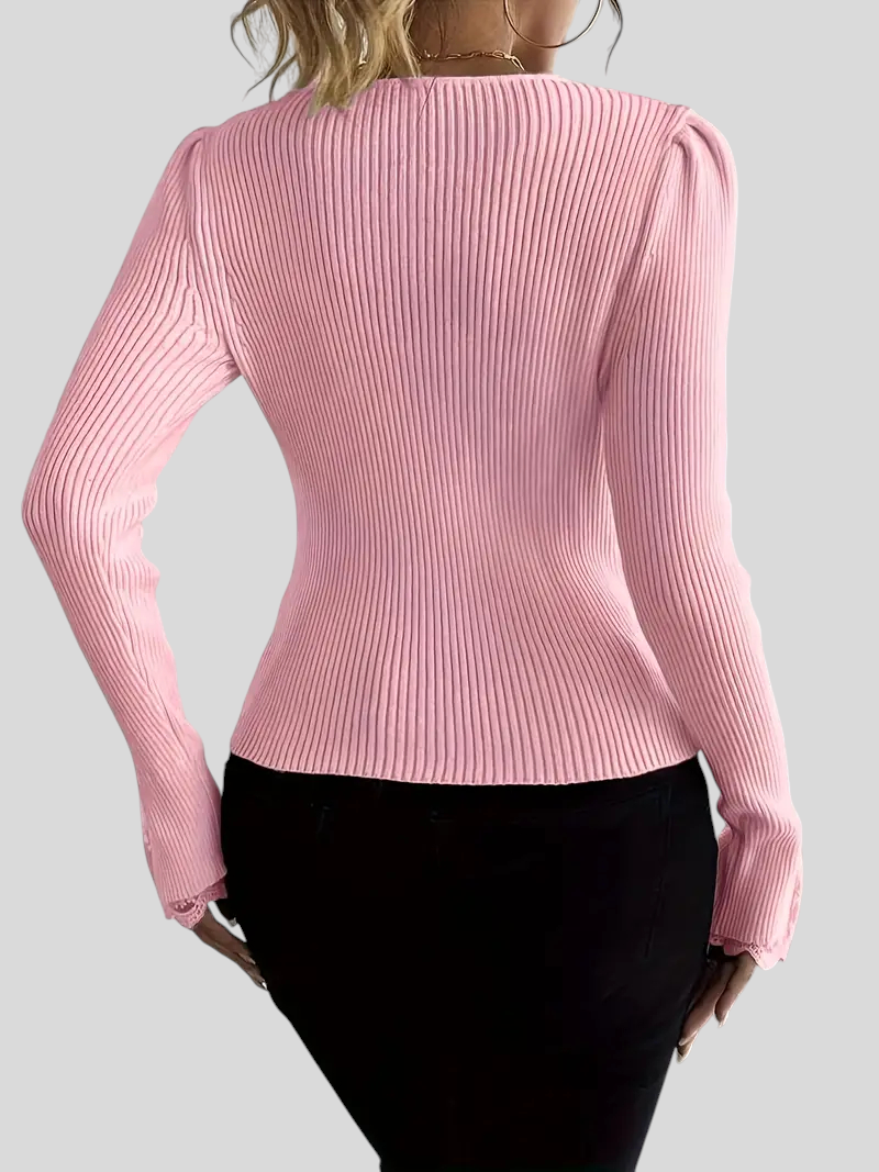 Zoja - Rebrasta Majica S V-Izrezom I Čipkastim Rukavima