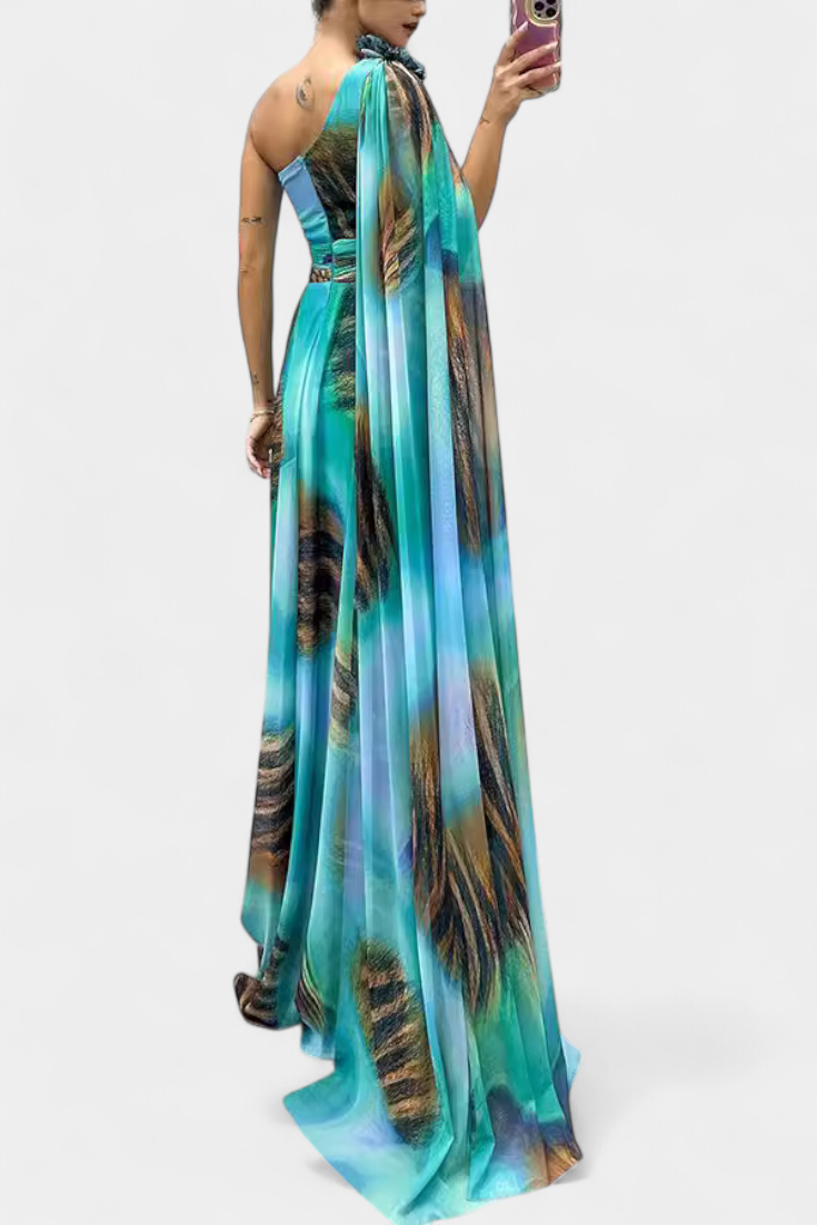 Nives Haljina Duga s Jednim Ramenom s Cvjetnim Detaljom