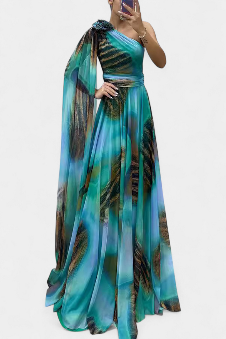 Nives Haljina Duga s Jednim Ramenom s Cvjetnim Detaljom