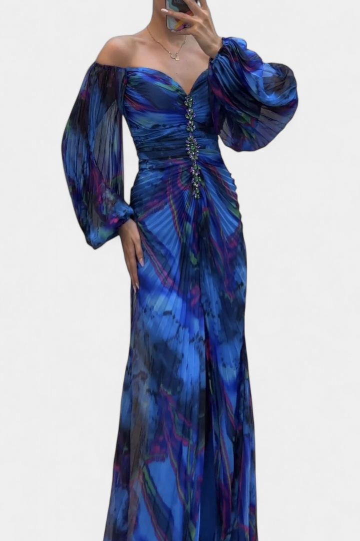 Leona Maxi Haljina s Plisiranjem, Dugim Rukavima i Vibrantnim Uzorkom