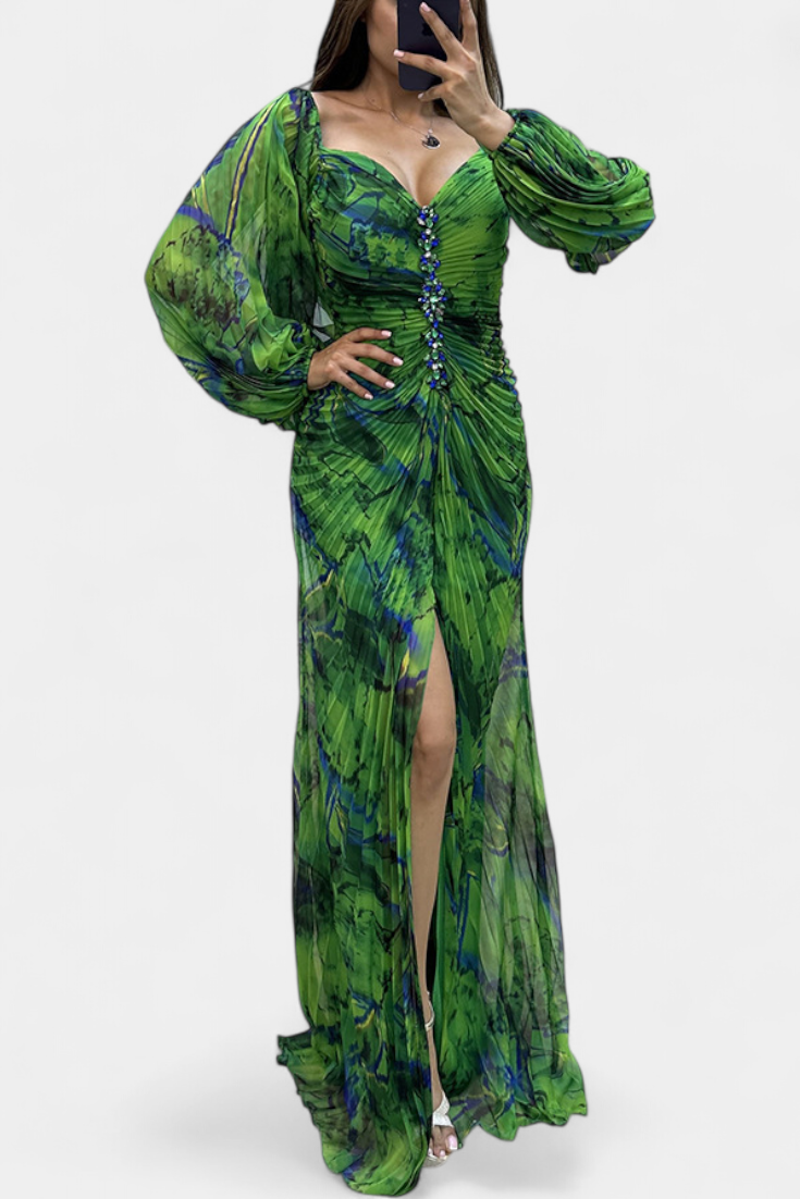 Leona Maxi Haljina s Plisiranjem, Dugim Rukavima i Vibrantnim Uzorkom