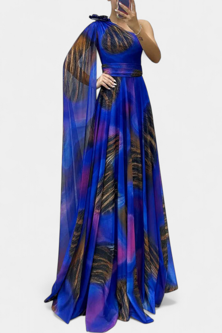 Nives Haljina Duga s Jednim Ramenom s Cvjetnim Detaljom