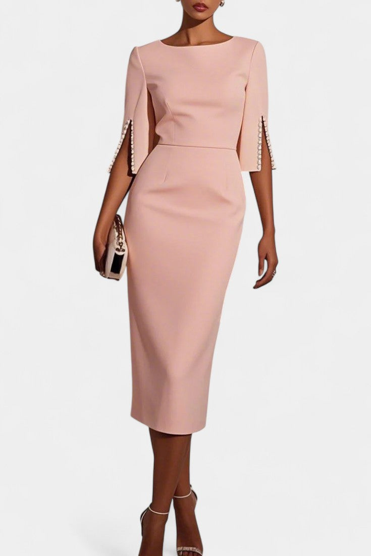 Vesna Midi Haljina s Bisernim Detaljima i Okruglim Izrezom